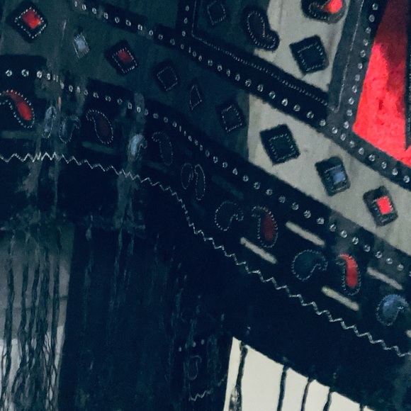 Scarf in velvet and sheer black rayon. Red and navy velvet. Tassel ends. 63x20” - Picture 4 of 8